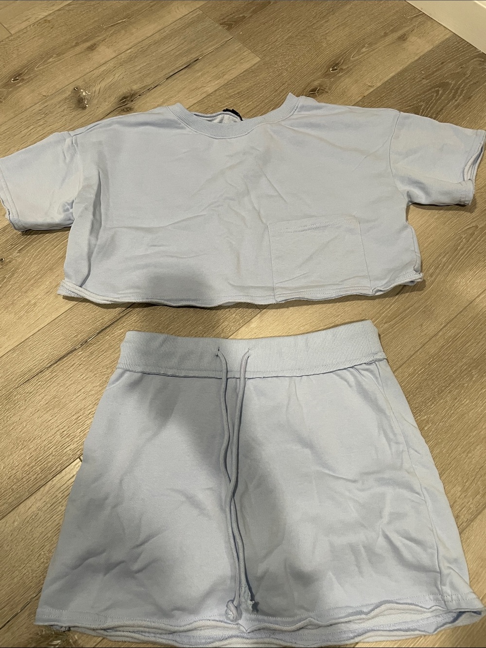Papermoon Light Blue Crop Tee & Shork with adjustable drawstrings.
